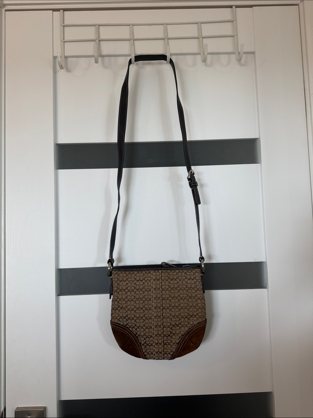 Authentic Coach Signature Small Suede Bag, featuring a brown jacquard signature